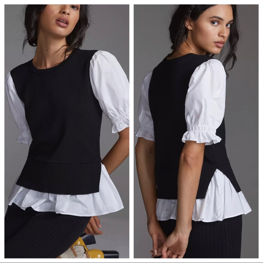 By Anthropologie Layered Poplin-Sleeved Sweater